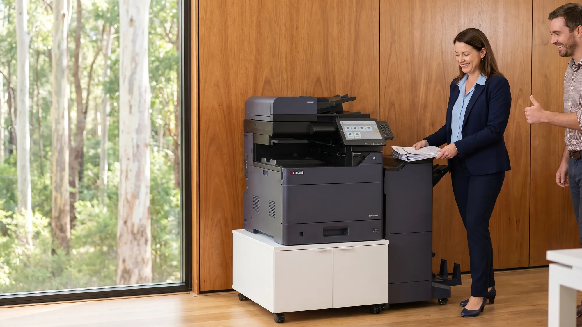 A smiling woman collects stapled prints from a Kyocera copier while a grinning colleague gives a thumbs up, with tall forest outside.
