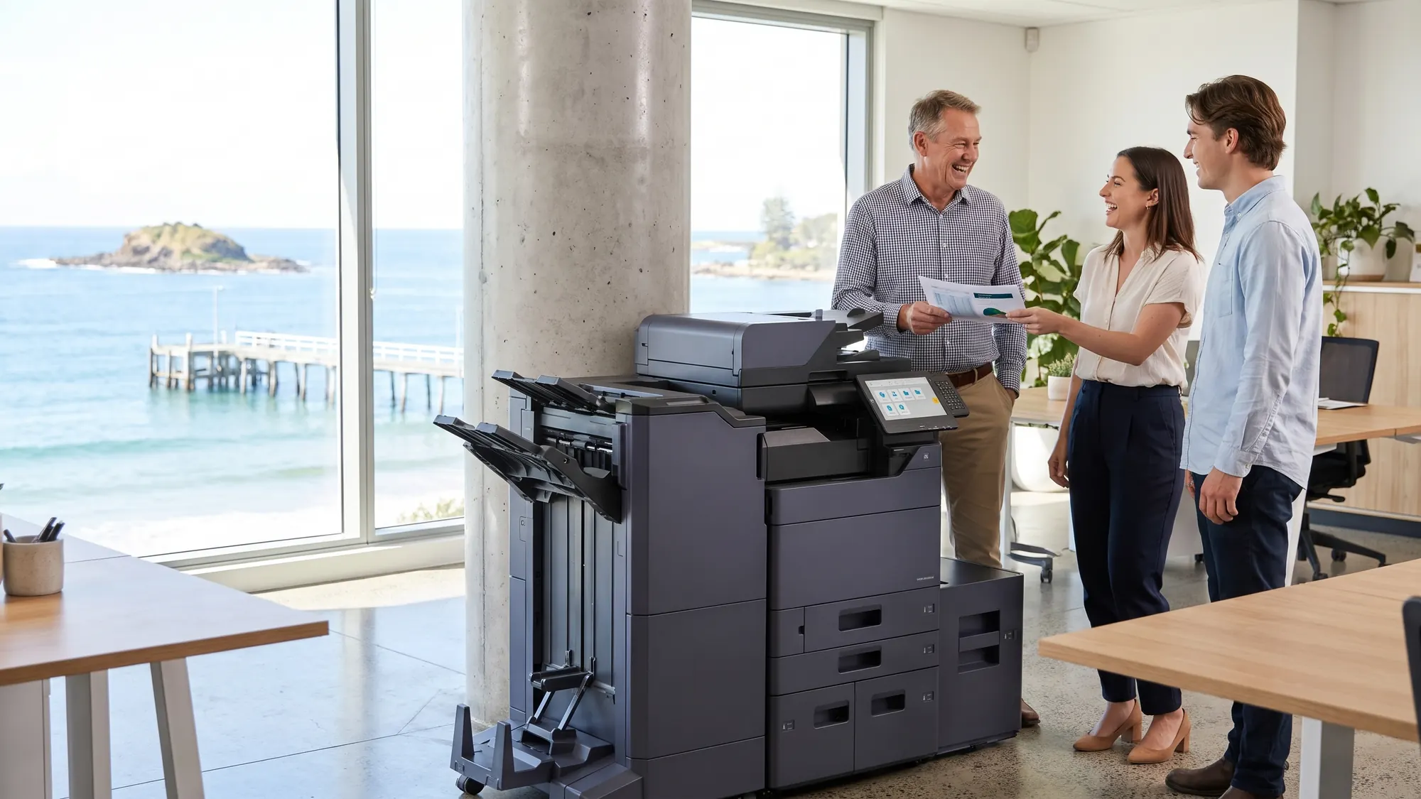 Three smiling colleagues gather round a Kyocera copier, one handing over a printed report, with the ocean and a timber jetty outside.