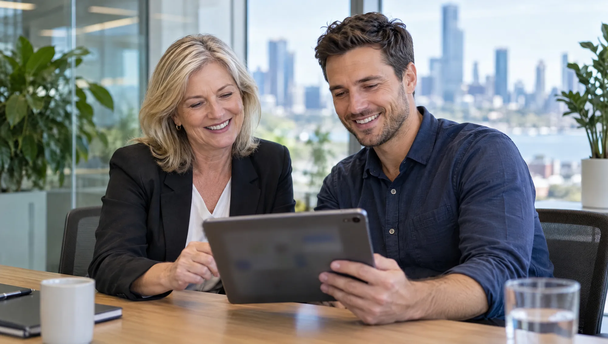 A smiling finance manager and a colleague read an agreement together on a tablet.