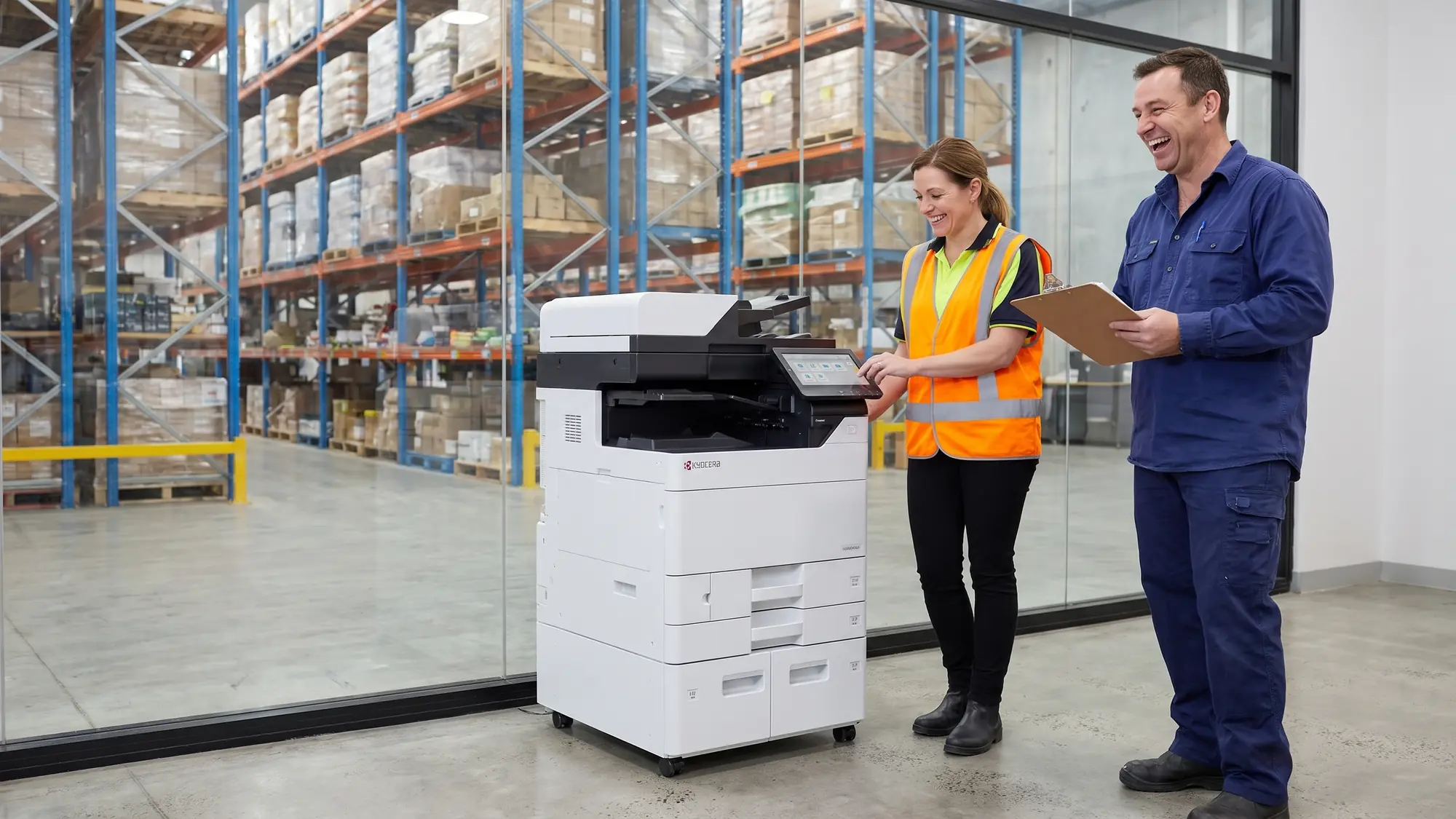 A smiling woman in a hi vis vest collects picking slips from a Kyocera copier while a laughing colleague holds a clipboard, with warehouse racking behind.