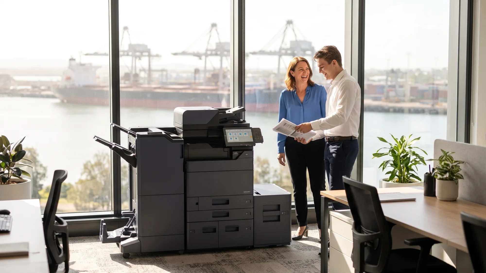 Two smiling colleagues collect fresh prints from a Kyocera copier beside a window over harbour cranes and a ship.