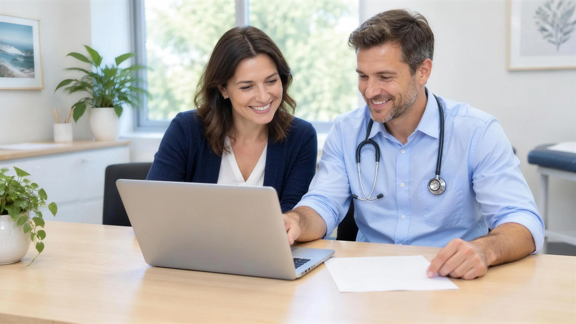A smiling practice manager and a doctor with a stethoscope look at a laptop together in a clinic office.