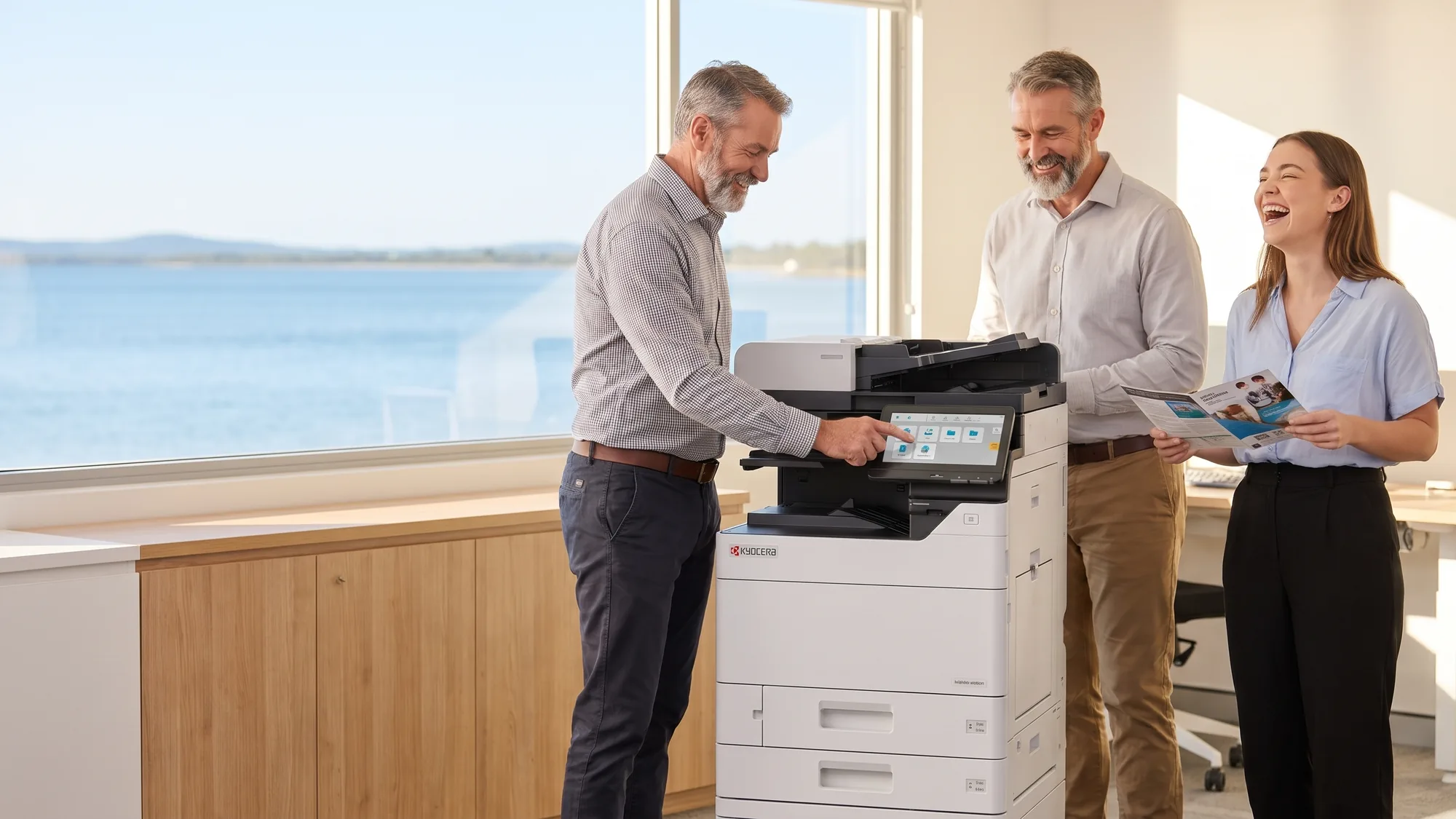 A smiling man uses the touch panel of a Kyocera copier while a laughing young colleague holds a printed brochure, with calm bay water outside.