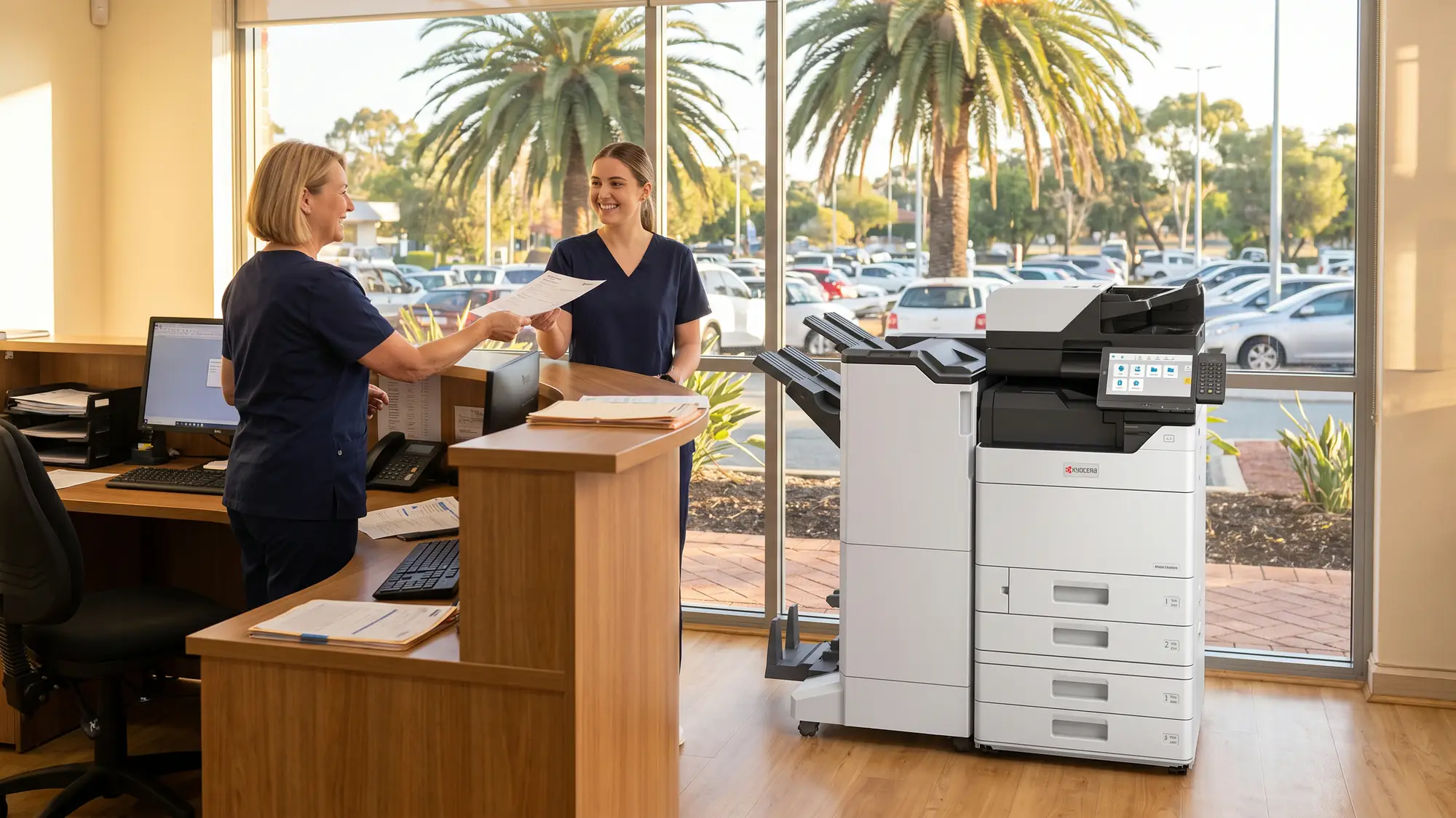 A smiling receptionist in scrubs hands a printed form from a Kyocera copier to a cheerful colleague, with palms and a car park outside.