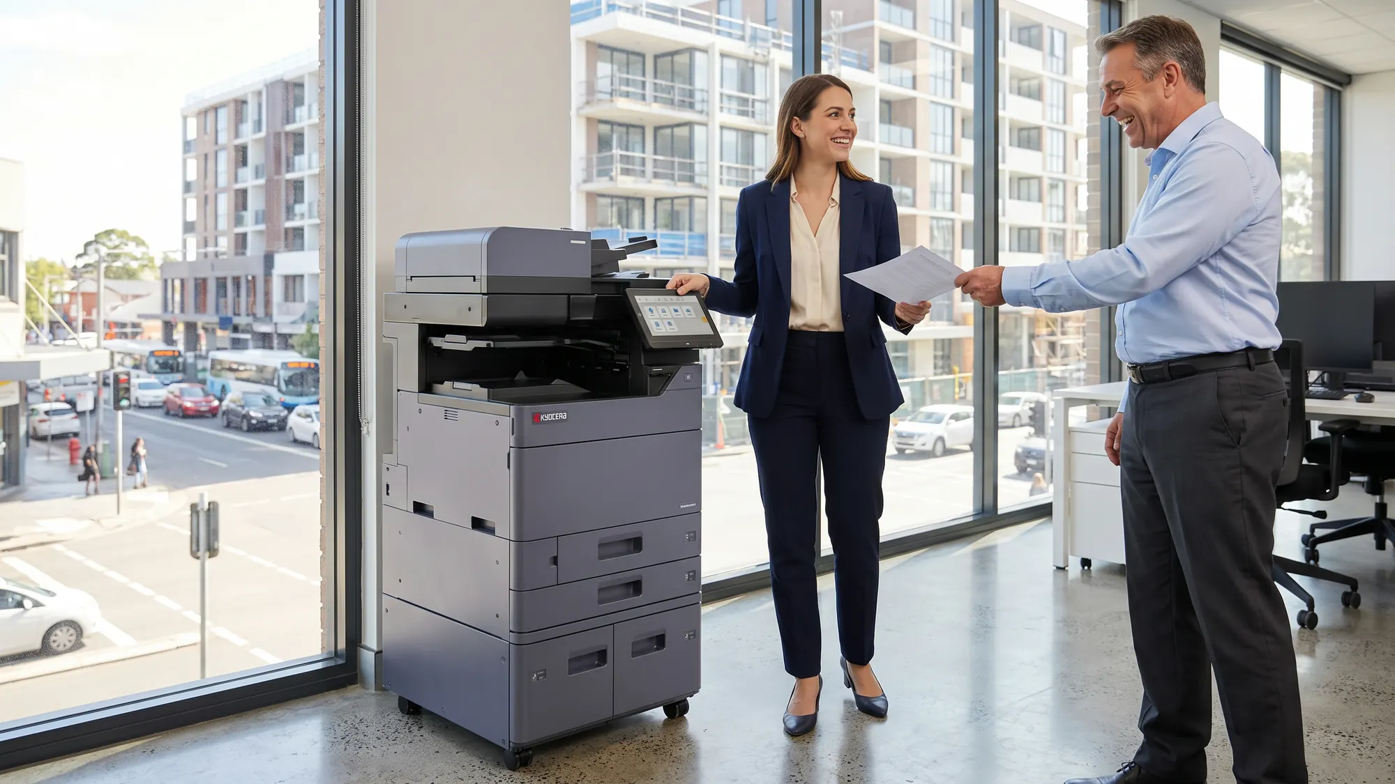 A smiling woman hands a freshly printed contract from a Kyocera copier to a beaming colleague, with a busy street and new towers outside.