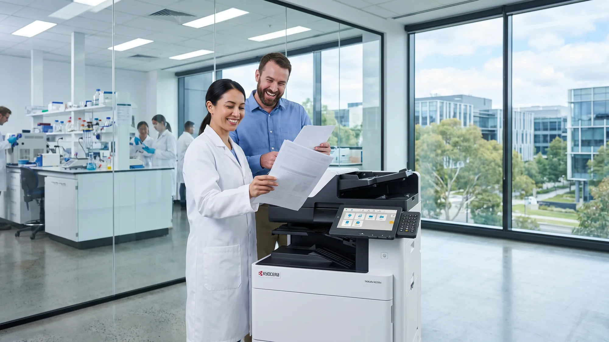 A smiling scientist in a lab coat lifts printed results from a Kyocera copier while a laughing colleague reads over her shoulder, with glass offices outside.