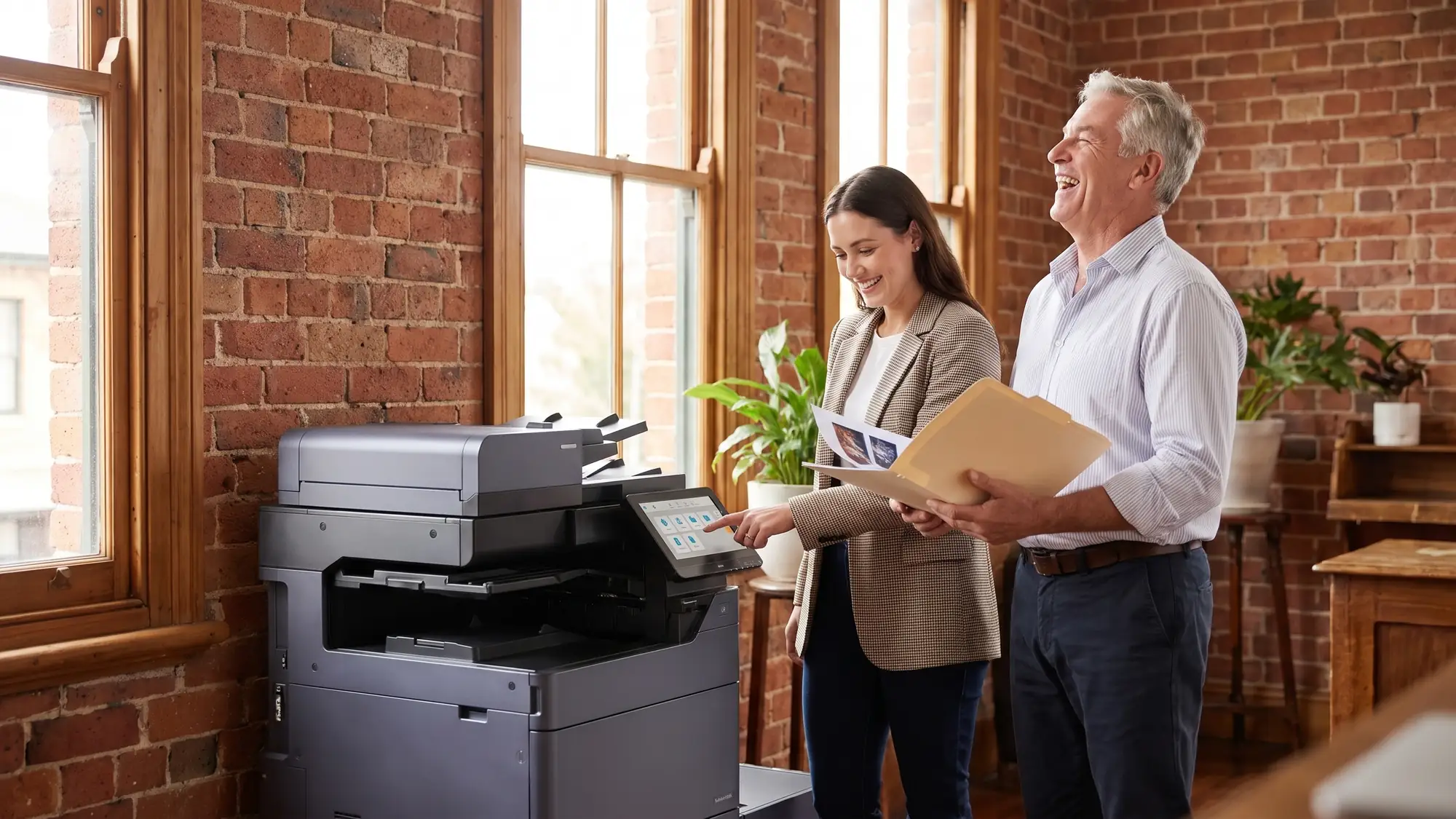 A smiling office manager taps the touch panel of a Kyocera copier against a brick wall while a laughing colleague holds a folder of prints.