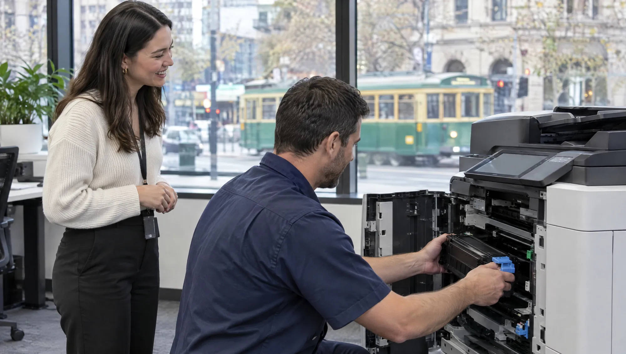 A technician replaces a part inside an office printer while a smiling staff member chats, with a tram outside.