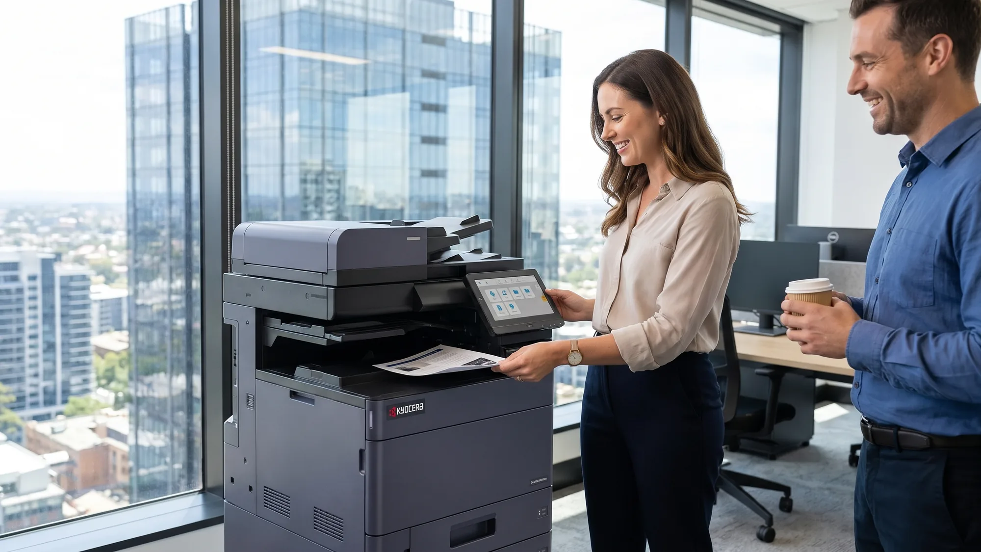 A smiling woman collects a printed brief from a Kyocera copier while a grinning colleague holds a coffee, with office towers outside.