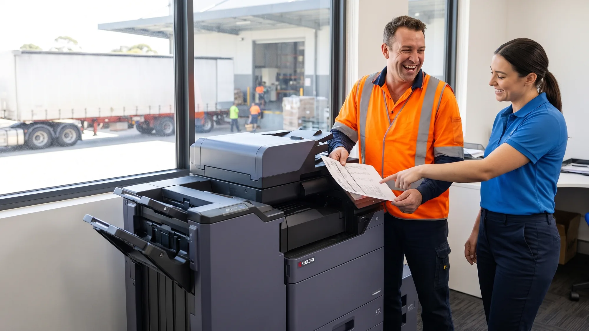 A laughing man in a hi vis vest takes a printed manifest from a Kyocera copier as a smiling colleague points at the page, with a loading dock outside.