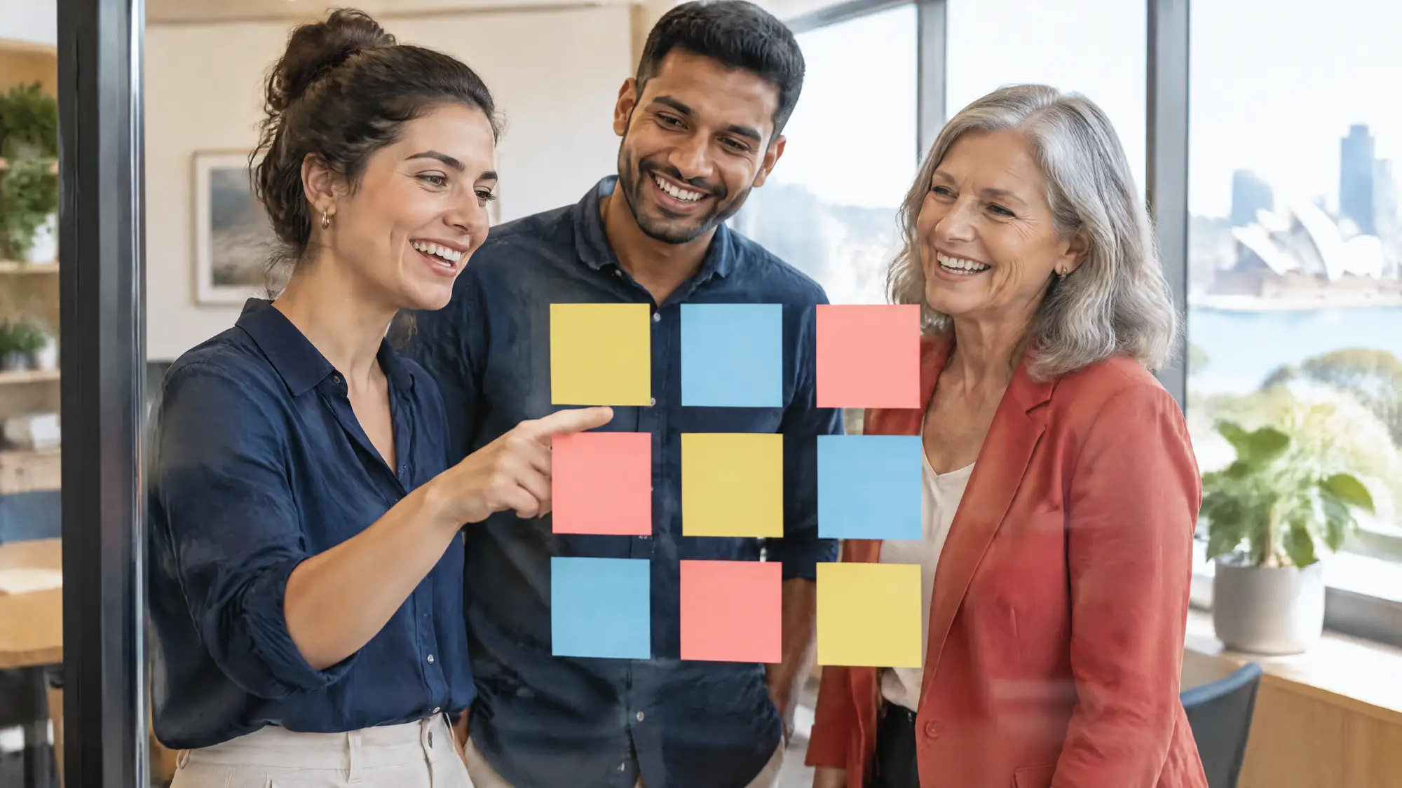 Three smiling colleagues at a glass wall arranged with a three by three grid of coloured notes, one pointing at a single note.
