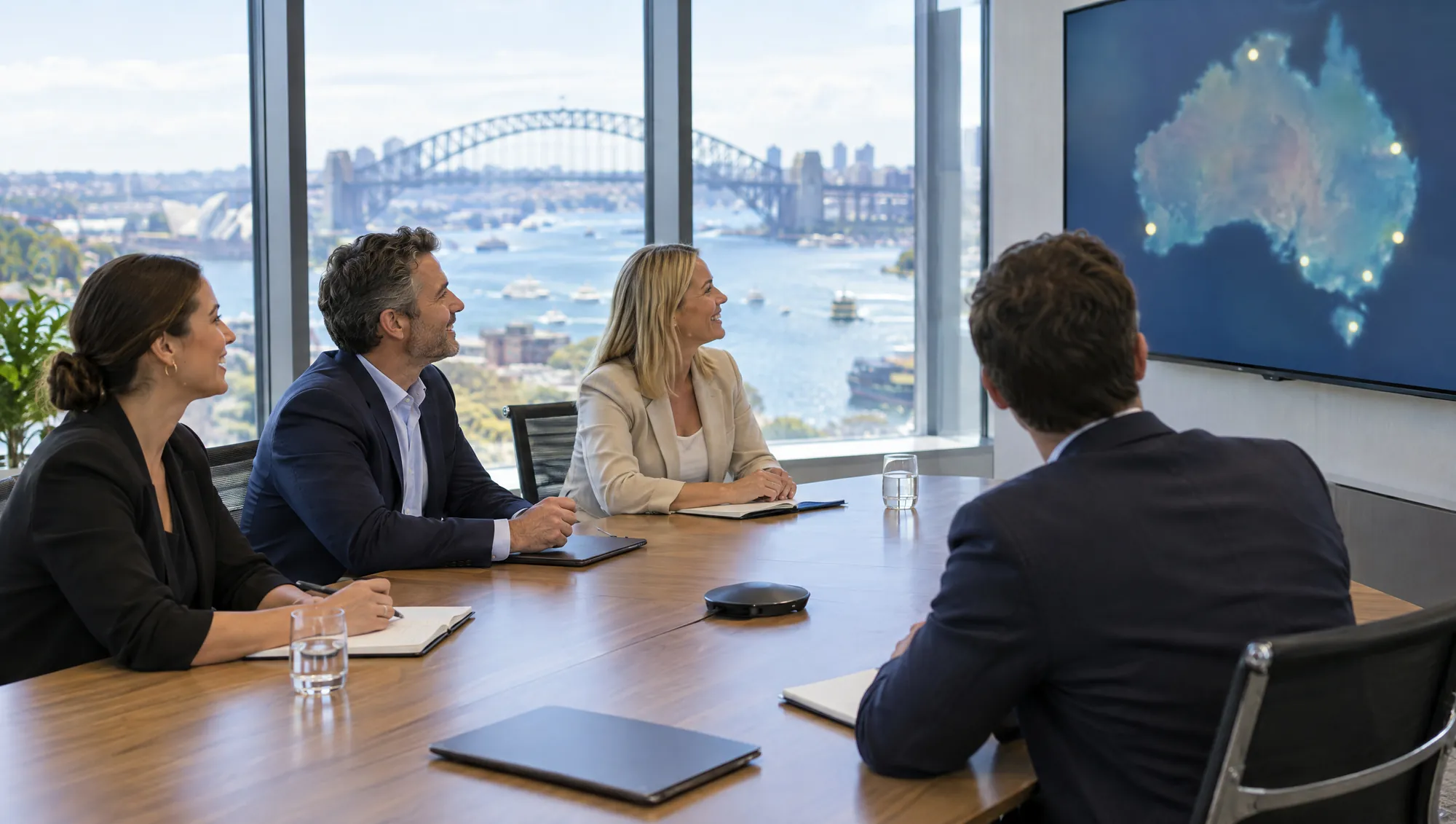 Four managers in a boardroom look at a wall screen showing a map of Australia, with the harbour behind.