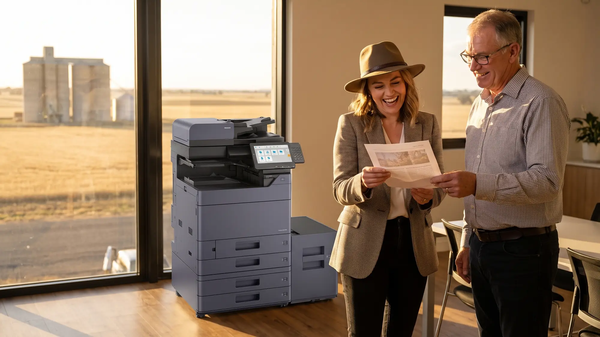 A woman in a wide brimmed hat laughs as she reads a page from a Kyocera copier, handed over by a smiling older colleague, with grain silos outside.