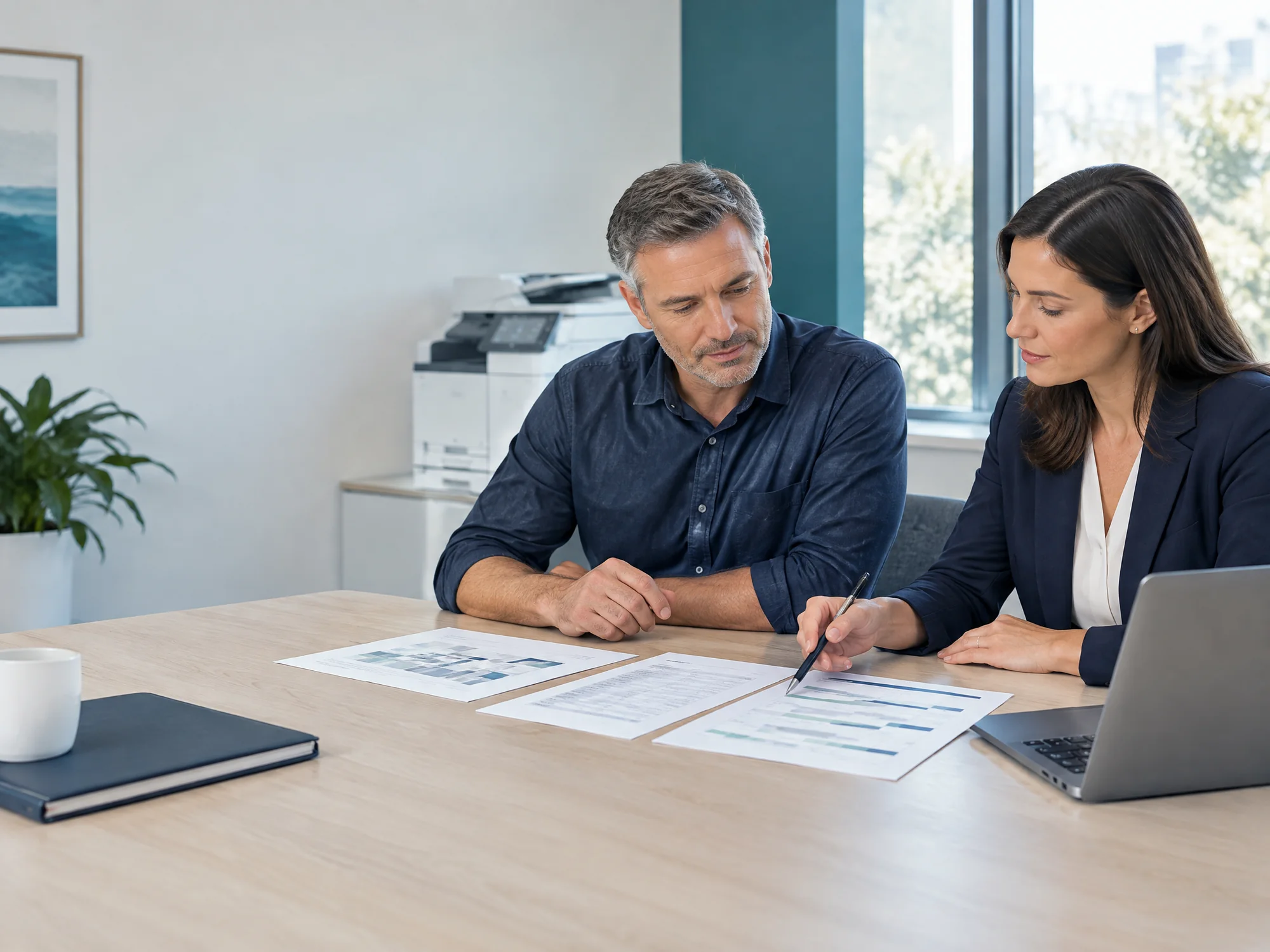 An operations manager and managed-print adviser reviewing office locations, device details and contract timing beside a multifunction printer