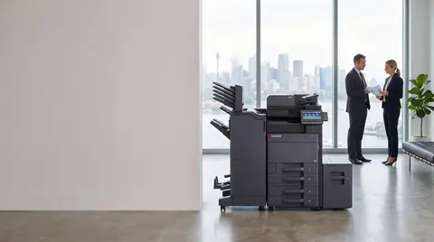 Two colleagues in business suits beside a Kyocera multifunction printer, one holding a printed report, in a city office