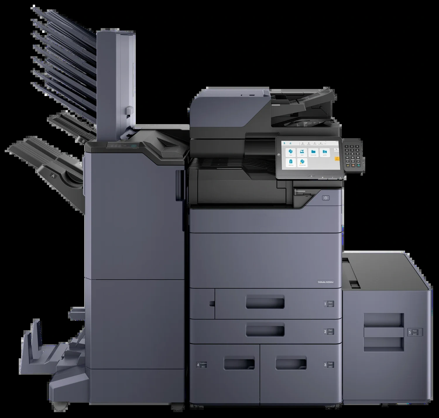 A Kyocera MZ2501ci multifunction printer with a finisher and a high capacity side deck fitted, photographed against a plain background