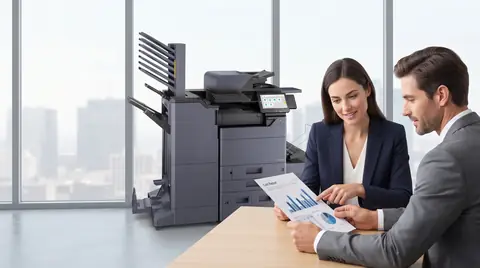 Two colleagues at a meeting table reading a printed cost report of charts, with a Kyocera multifunction printer and a city skyline behind them