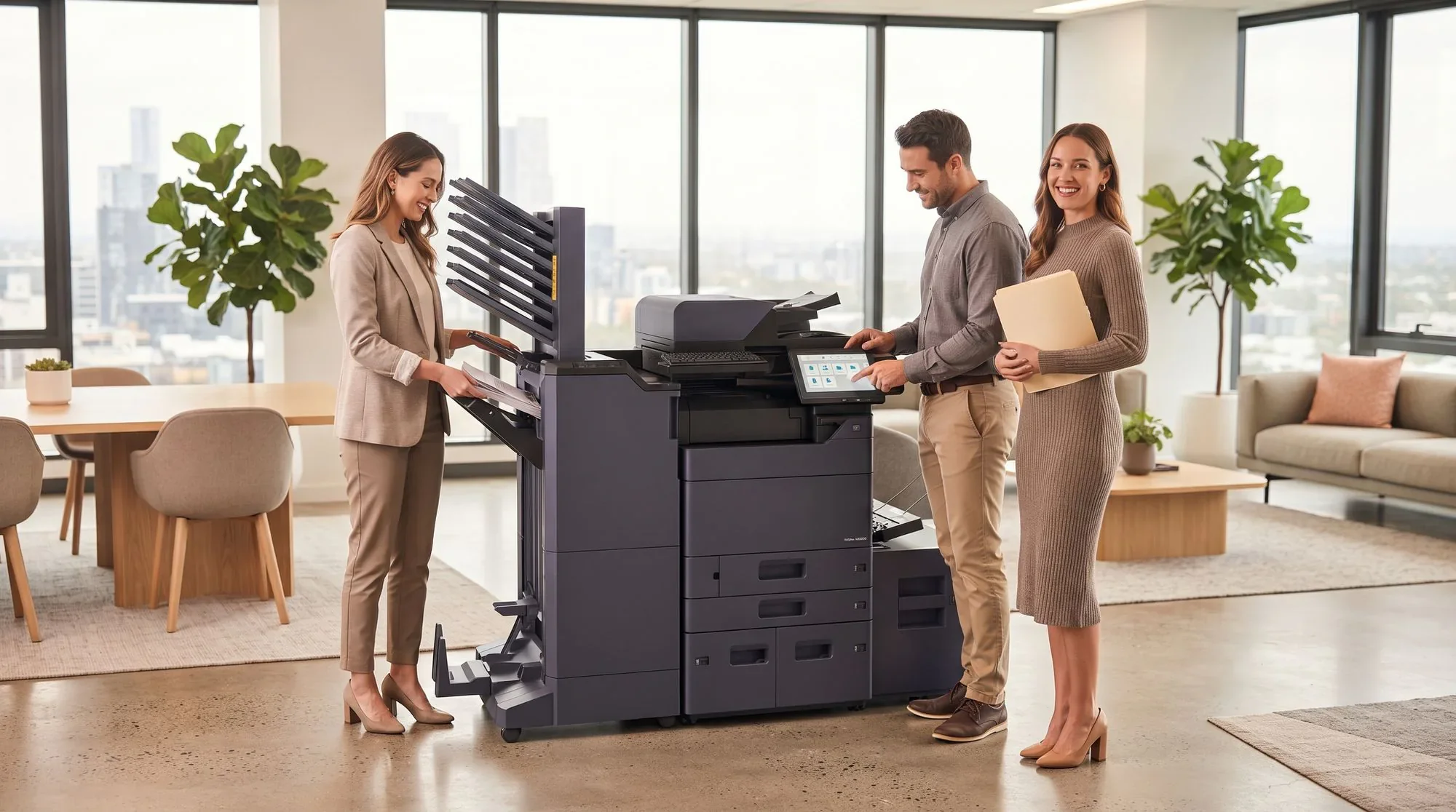 Three colleagues at a Kyocera multifunction printer, one using the touchscreen and one collecting pages from the finisher, in an open plan office
