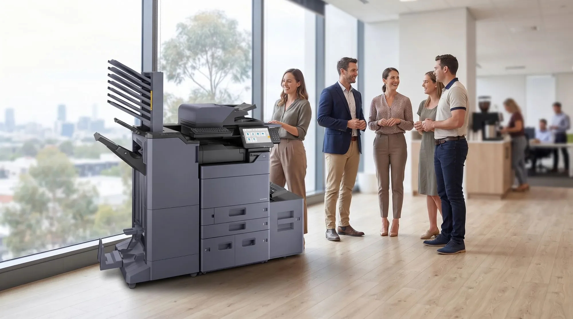 A Kyocera multifunction printer with a finisher and mailbox trays beside a window, five colleagues talking next to it in a bright open office
