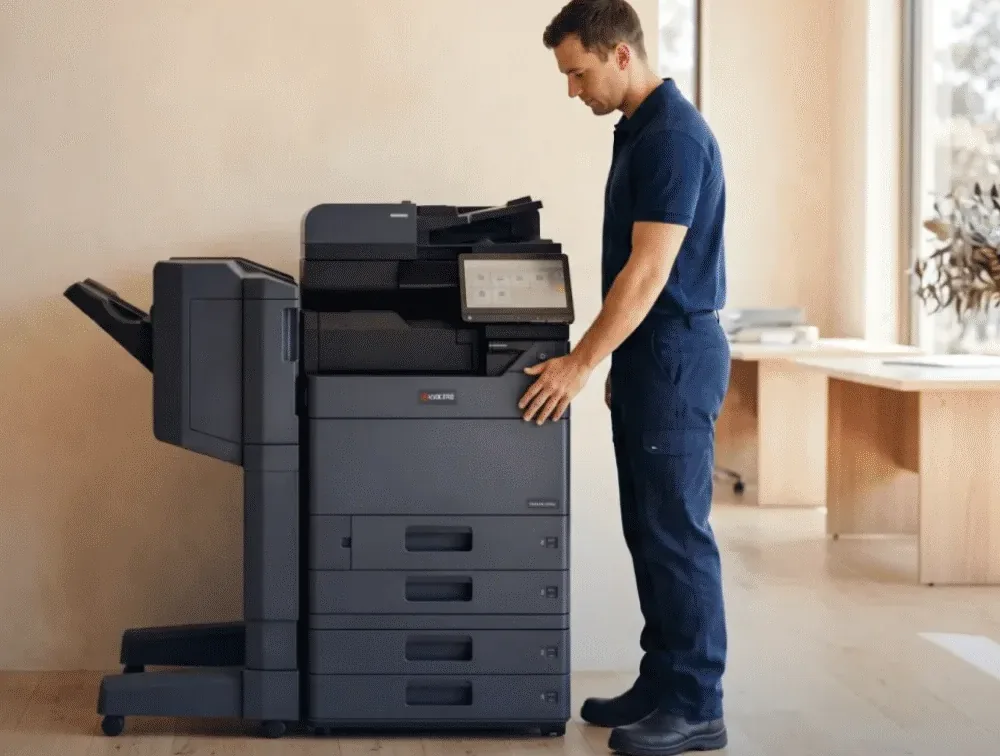 A technician in a navy uniform at a Kyocera multifunction printer with a finisher attached, in a bright office