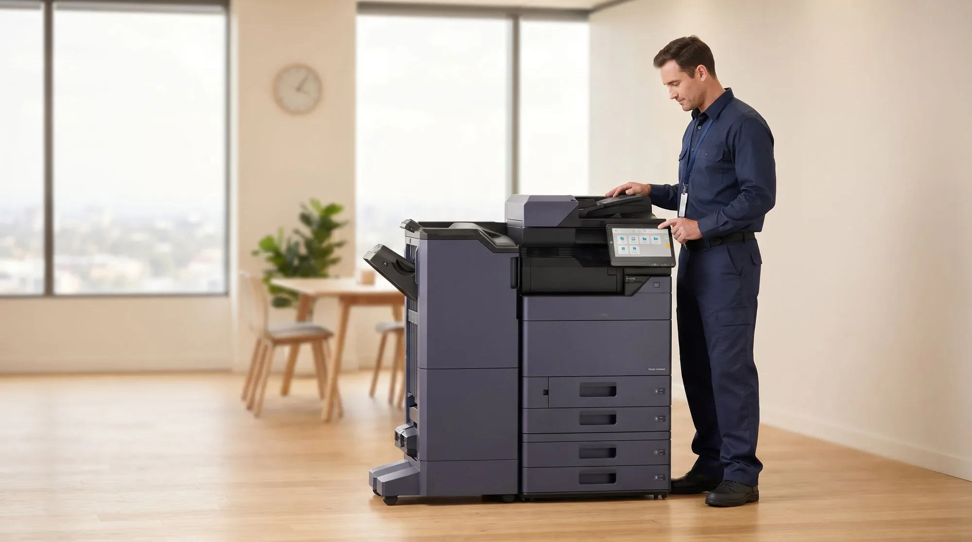 A technician in a navy uniform using the touchscreen of a Kyocera multifunction printer with a finisher attached, in a bright office