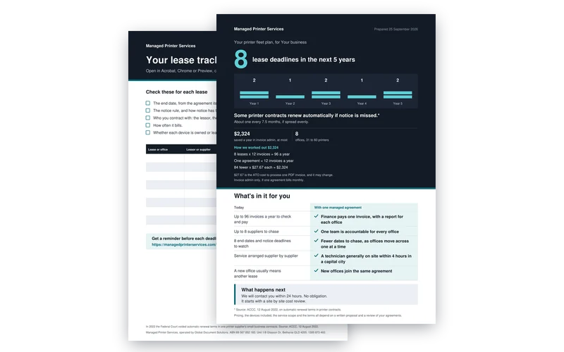 The two page printer fleet plan: your lease deadlines, then a lease tracker you can type into