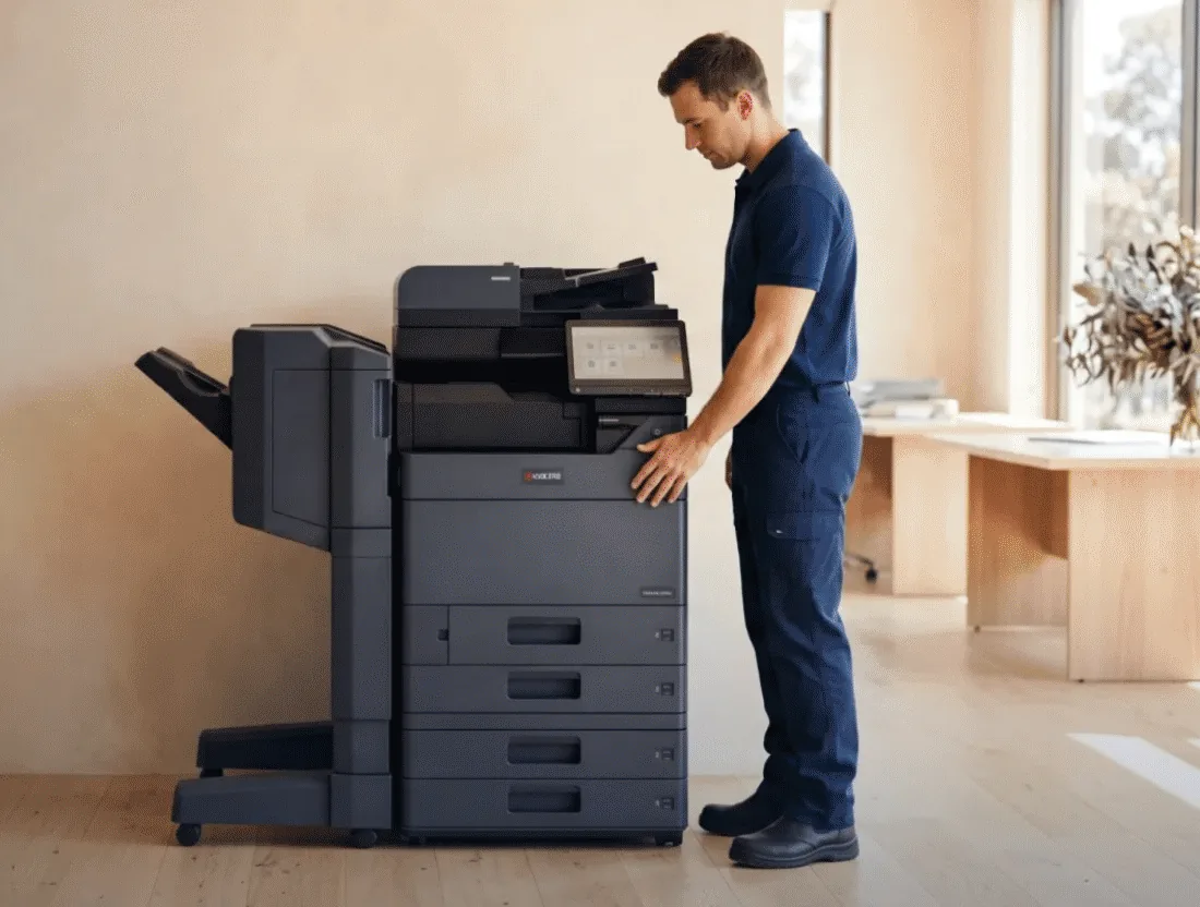 A technician in a navy uniform standing at a Kyocera multifunction printer with a finisher attached, in a bright Australian office with a timber floor